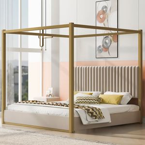 <b>King</b> Size Beige Upholstered Canopy <b>Platform</b> <b>Bed</b> with Headboard and Metal Frame - Product Image 2