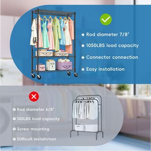 Appendiabiti a 3 livelli su ruote per carichi pesanti, armadio guardaroba in metallo autoportante con 1 asta e appendiabiti in filo metallico - Product Image 2