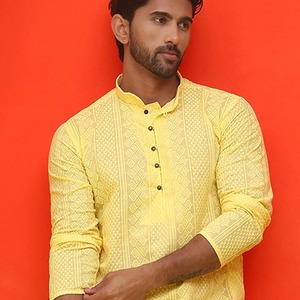 Kurta Amarilla de Algodón para Hombre con Bordado Geométrico, Cuello Alto, Manga Larga, Estilo Étnico, Uso Diario, Verano, Corte Regular - Product Image 3