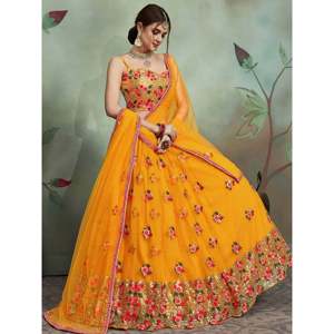 Yellow Thread Embroidered <b>Net</b> Haldi Wear Plus Size Lehenga Choli for Women - Product Image 6