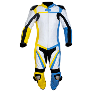 Combinaison de moto en cuir à manches longues pour homme, blanche, jaune, bleue, avec blocs de couleur, coupe-vent, toutes saisons, équipement moto - Product Image 1