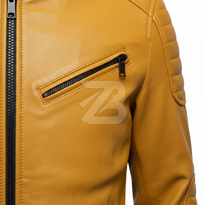 Chaqueta de cuero genuino para hombre Zarina Wear, color amarillo mostaza, estilo motero, con cuello alto y cremallera, OEM. - Product Image 3