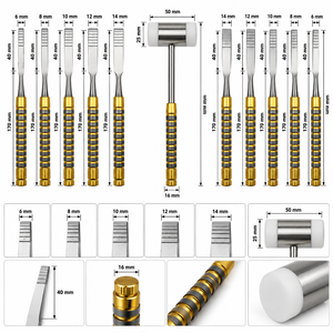 Juego de 9 Cinceles para Hueso de Acero Inoxidable Color Dorado DETAIN IMPEX, Clase I, con Martillo Manual, Certificación CE, para Partir Hueso y Uso Dental - Product Image 6