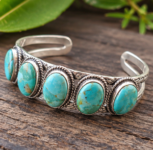 Bracelet manchette en argent avec cinq pierres de turquoise Kingman pour femme, bijoux du sud-ouest, cadeau pour elle, vente en gros - Product Image 5