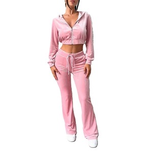 Custom Logo <b>Crop</b> <b>Top</b> 2 Piece Custom Rhinestone Logo Velvet Cropped Hoody Y2k Women's Sweatpants and Hoodie Set - Product Image 6