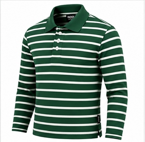 Polo à manches longues pour homme Index Apparel, vert et blanc rayé, boutonné devant - Product Image 3