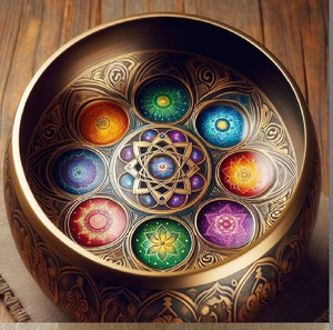 Symboles vibrants des sept chakras dans un bol en laiton poli pour l'équilibre énergétique et la guérison. Disponible aux prix de gros. - Product Image 1