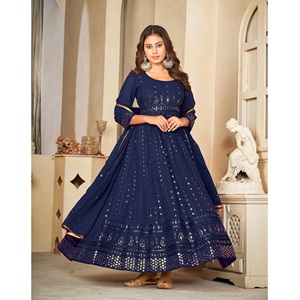 Traje Anarkali Azul Elegante para Mujer, Georgette Crepé, Mangas 3/4, Semi-Cosido, para Ocasiones Festivas, Disponible a Bajo Precio - Product Image 1