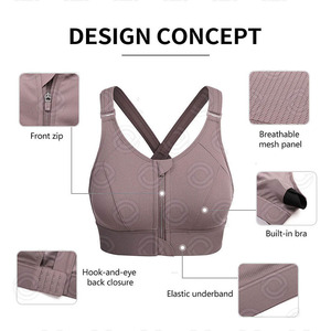 Soutien-gorge de sport grande taille pour femme avec fermeture éclair frontale, maintien élevé, support intégré, panneau en maille respirante, antibactérien, dos à agrafes - Product Image 1