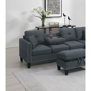 Set Divano Sezionale 3 Pezzi in Tessuto Lino Color Carbone per Soggiorno, Include Divano LAF, Chaise Longue RAF, Pouf Contenitore e Portabicchieri - Product Image 2