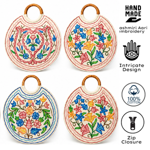 Sac fourre-tout en coton artisanal de luxe du Cachemire avec poignée en bois, design floral brodé Aari, écologique, doux pour la peau, motifs variés - Product Image 4