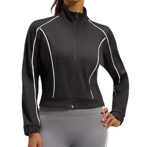 Chaqueta de yoga para mujer con cuello simulado, ribetes en blanco y negro, cremallera completa, ajuste ceñido, manga larga, para entrenamiento deportivo y gimnasio - Product Image 1