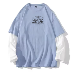 เสื้อยืดแฟชั่นผู้ชายแบบสองชั้น คอกลม ทรงหลวม แขนยาว ผ้าถักพิมพ์ลาย พร้อมโลโก้ด้านหน้า - Product Image 1