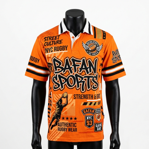 T-shirt de rugby pour homme, 190 GSM, tissu polyester interlock, orange, manches rayées, logo sublimé, t-shirts de rugby pour homme - Product Image 4