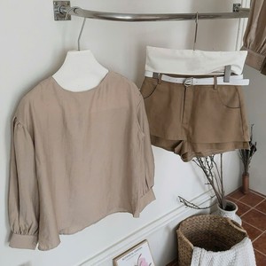 Women's Solid 2 Piece <b>Set</b> Beige Crepe Top Three Quarter Sleeves High Waist Shorts Casual Spring Summer Outfit Breathable Quick - Product Image 2