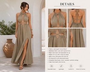 Vestido largo caqui con cuello halter y aberturas para mujer, sin espalda, ideal para playa, resort o vacaciones de verano. - Product Image 6