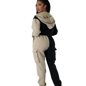 Women's Tracksuit Set Cotton French Terry Streetwear Patch Embroidery <b>Zip</b> <b>Up</b> Crop Top Hoodies And Joggers Set - Product Image 5