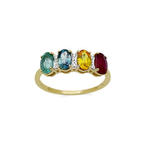 Anillo de Oro Amarillo de 14K con Rubí Ovalado, Esmeralda, Zafiro y Diamante, Anillo de 4 Piedras, Joyería Fina al por Mayor, Anillos de Piedras Preciosas Genuinas Personalizados - Product Image 1