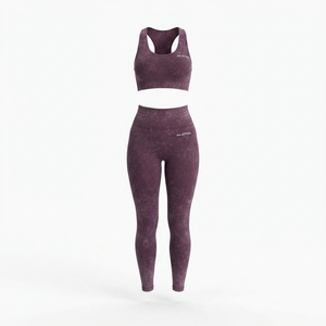 Women Plum Purple Acid Wash Yoga Set <b>Racerback</b> Sports <b>Bra</b> High Waist Leggings Gym Fitness Workout Activewear - Product Image 1