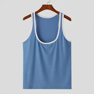 <b>Men's</b> Casual Solid Blue Tank Top with <b>White</b> Contrast Trim Sleeveless Summer <b>Vest</b> - Product Image 1