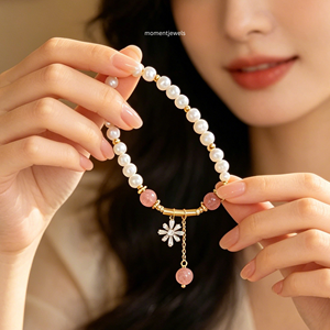Freshwater Pearl Charm Bracelet Gold Plated Stone Beaded <b>Bangle</b> Floral Pendant Jewelry for Women - Product Image 3