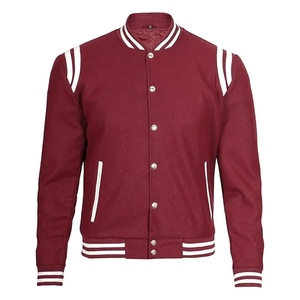 Men's Maroon Windproof Varsity Jacket with White Trim <b>Covered</b> <b>Button</b> Closure Front Logo Street Style Winter Wear - Product Image 1