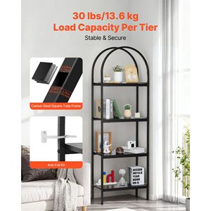 Libreria Aperta a 4 Ripiani con Struttura in Metallo Arcuata, Scaffali Portaoggetti, Stile Industriale, Espositore Autoportante per Libri - Product Image 4