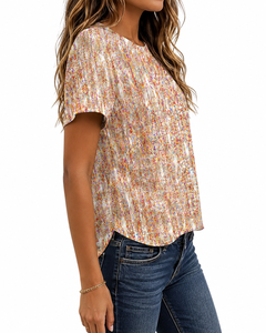 Camiseta de Mujer con Cuello Redondo, Manga Corta, Estampado Tie Dye, Corte Ajustado, Tejido Elástico, 100% Poliéster, Primavera Verano - Product Image 3
