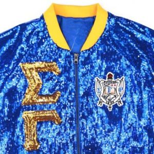 Sigma Gamma Rho <b>Sequin</b> Bomber <b>Jacket</b> SGRho Greek Sorority Blue Gold Sparkle <b>Jacket</b> Womens Greek Apparel - Product Image 3