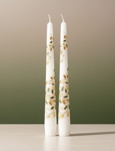 Bougie décorative blanche conique avec motif feuille dorée et verte, décoration moderne et colorée pour la maison (lot de 4) - Product Image 3