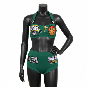 ชุดบิกินี่ผ้าโพลีเอสเตอร์ผสมสแปนเด็กซ์สีเขียวสุดหรู เนื้อผ้านุ่มยืดหยุ่น ปักโลโก้แบบแพทช์  รับผลิตตามแบบสำหรับผู้หญิง - Product Image 5