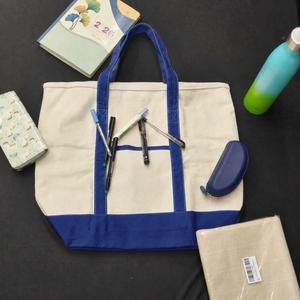<b>Canvas</b> Beach Tote <b>Bag</b> <b>Large</b> Size With Blue Handles And Bottom For Shopping And Storage - Product Image 6