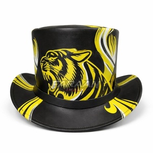 Chapeau de cowboy en cuir noir et jaune à imprimé tigre, style western, fait main, à large bord, pour hommes et femmes, vente en gros, OEM, marque privée - Product Image 1