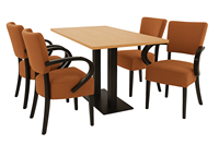 Ensemble de table à manger pour restaurant avec accoudoirs rembourrés, dessus de table en grain de bois et base en métal noir pour café et hôtel