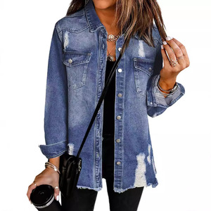 Chaqueta vaquera informal holgada para mujer, nueva moda, con efecto lavado y desgastado, con cuello vuelto - Product Image 4