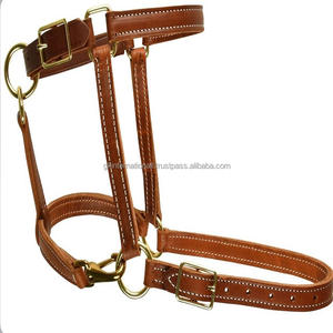 Cabestro de caballo de cuero inglés marrón de doble costura blanco hecho a medida con hebilla y anillo de corona doble resistente sólido - Product Image 5