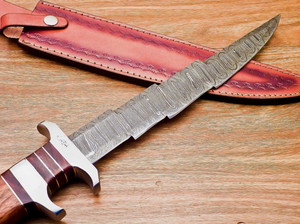Cuchillo Bowie de Acero de Damasco OEM Imperial Enterprises con Mango de Madera, Hoja de Punta Caída y Borde Recto de 0.6mm de Grosor, Funda de Cuero - Product Image 3