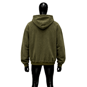Wholesale Olive Green Men's Hooded Printed Embroidered Cross Logo Oversized Casual Hoodie 100% Cotton Vintage Washed Distressed - Product Image 2
