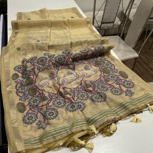 ผ้าส่าหรี VASTRA COTTAGE พรีเมียม ซอฟท์ มูก้า คอตตอน พร้อมลายปักเรชมะพิชไวสีสันสดใส ขอบผ้าปักระยิบระยับแบบซารี และพู่ห้อยประดับอย่างสวยงาม - Product Image 4