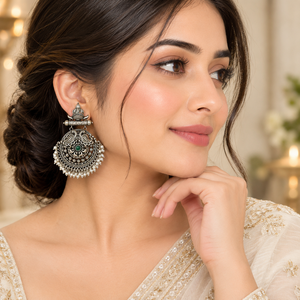 Boucles d'oreilles Jhumka élégantes oxydées avec pierre verte Moissanite, ensemble de boucles d'oreilles de mariage tendance pour femmes, qualité supérieure, style moderne - Product Image 1