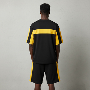 Streetwear Men Crew Neck Custom Silk Screen Printed Logo Customized Color block Breathable Boxy men's 2 piece <b>set</b> - Product Image 3