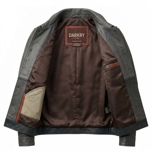 Charcoal Grey <b>Real</b> Genuine <b>Leather</b> Trucker <b>Jacket</b> Brown Trim Flap Pocket Snap Button Casual Fall Winter Coat - Product Image 5