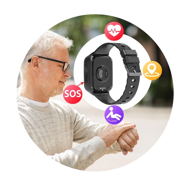 Health Smart Watch for Elderly People GPS Tracker SOS Button Heart Rate Monitor Fall Alert Detection Square TFT Alarm Clock