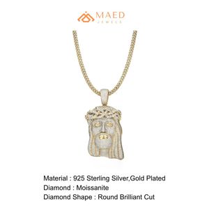 Colgante de Plata Chapado en Oro con Cabeza de Jesús y Corona de Espinas de Moissanita, Estilo Hip Hop Iced Out, para Unisex - Product Image 6