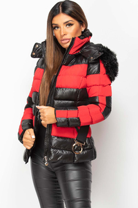 Veste matelassée rayée rouge et noire pour femme, hiver, à capuche, avec bordure en fourrure, fermeture éclair, courte, imperméable, coupe-vent, en toile, pour l'extérieur - Product Image 4