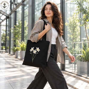 White Floral Print <b>Canvas</b> Tote with <b>Long</b> Handles | Black Botanical Shopping Shoulder Bag for Everyday Carry Daily Use and Travel - Product Image 3