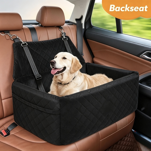 Dog Car Seat Washable Booster Seat Elevated Cushion, Detachable Cover, Pet Car Seat with Storage Pockets, 2 Safety Belts