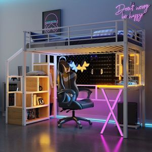 Twin Size Metal Loft Bed with LED White <b>Work</b> <b>Station</b> Built-In Wardrobe and Storage Staircase - Product Image 2