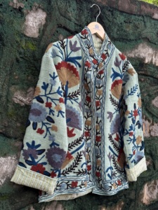 Mint Floral <b>Velvet</b> Woven Sujani Cotton <b>Jacket</b> <b>Women</b> Handmade Embroidery Ethnic Boho Heart Print Autumn Winter - Product Image 3