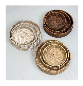 Rounded Cane Woven Serving Storage <b>Tray</b> With Handles For Coffee Snack <b>Breakfast</b> Rattan Multi Organizer <b>Tray</b> Basket For Tableware - Product Image 1